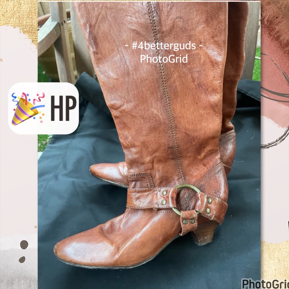 Frye Steffi Harness Crinkled Leather Moto Knee High Tall Kitten Heel Boots 6.5